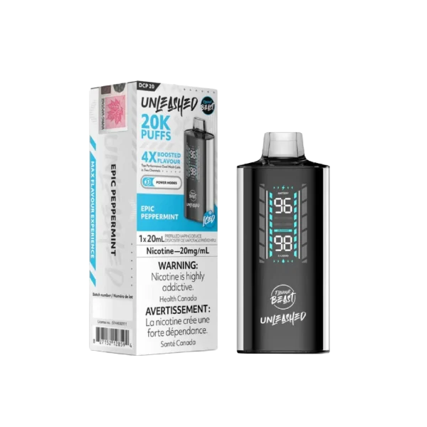 Flavour Beast Unleashed DCP 20 disposable vape with 20mL capacity, 3-mode firing system, and 1000mAh battery; available for Calgary delivery.