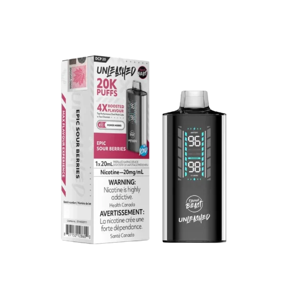 Flavour Beast Unleashed DCP 20 disposable vape with 20mL capacity, 3-mode firing system, and 1000mAh battery; available for Calgary delivery.
