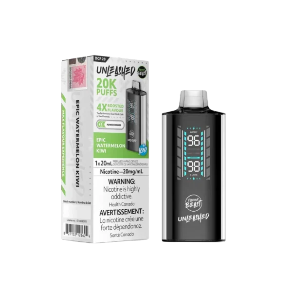 Flavour Beast Unleashed DCP 20 disposable vape with 20mL capacity, 3-mode firing system, and 1000mAh battery; available for Calgary delivery.