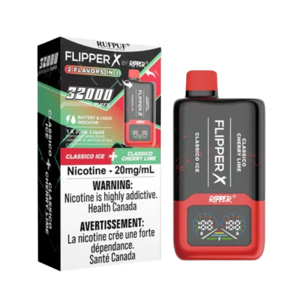 Ruf Puf Flipper X 32K disposable vape with dual flavors, 32,000 puffs, and mesh coils; available for Same Day Calgary delivery.