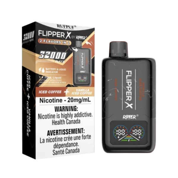 Ruf Puf Flipper X 32K disposable vape with dual flavors, 32,000 puffs, and mesh coils; available for Same Day Calgary delivery.