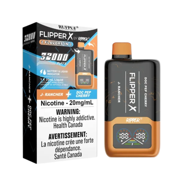 Ruf Puf Flipper X 32K disposable vape with dual flavors, 32,000 puffs, and mesh coils; available for Same Day Calgary delivery.