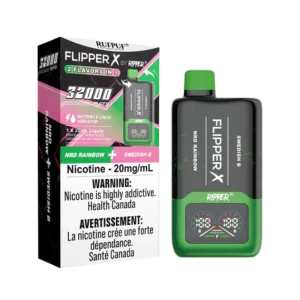 Ruf Puf Flipper X 32K disposable vape with dual flavors, 32,000 puffs, and mesh coils; available for Same Day Calgary delivery.