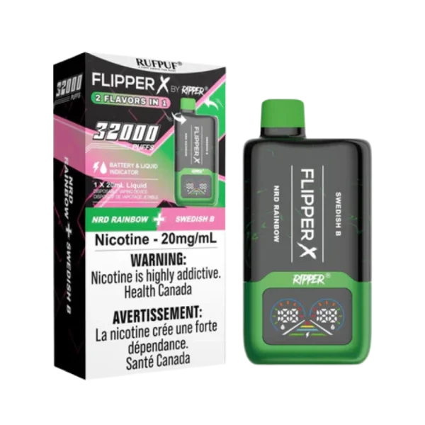 Ruf Puf Flipper X 32K disposable vape with dual flavors, 32,000 puffs, and mesh coils; available for Same Day Calgary delivery.