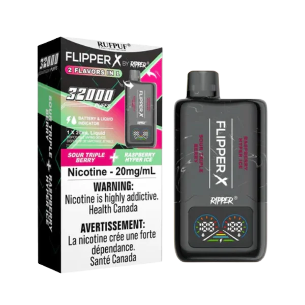 Ruf Puf Flipper X 32K disposable vape with dual flavors, 32,000 puffs, and mesh coils; available for Same Day Calgary delivery.