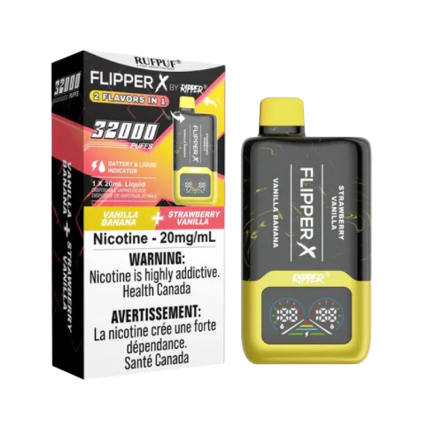 Ruf Puf Flipper X 32K disposable vape with dual flavors, 32,000 puffs, and mesh coils; available for Same Day Calgary delivery.