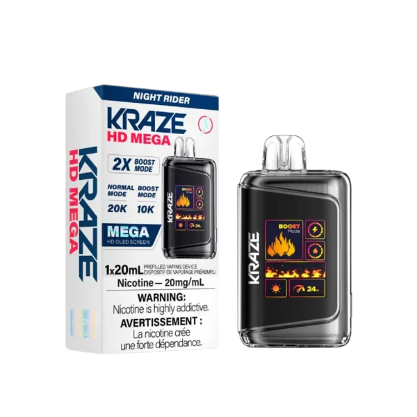 Kraze HD Mega 20K disposable vape featuring a large LED display, dual mesh coils, and 24W boost mode; available for Calgary delivery.