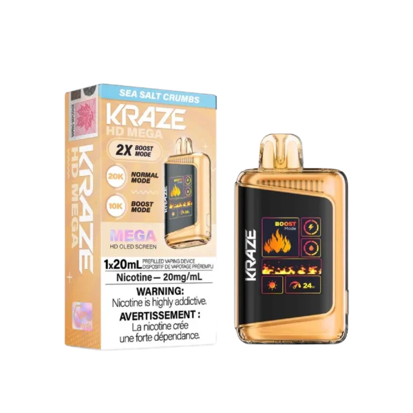 Kraze HD Mega 20K disposable vape featuring a large LED display, dual mesh coils, and 24W boost mode; available for Calgary delivery.