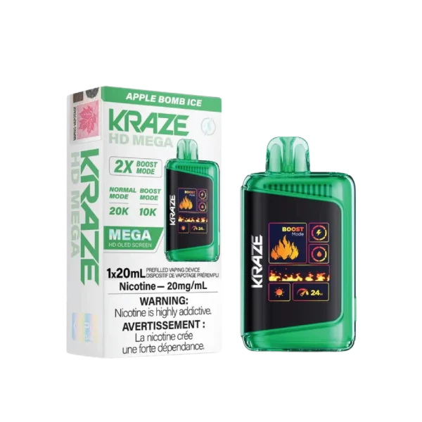 Kraze HD Mega 20K disposable vape featuring a large LED display, dual mesh coils, and 24W boost mode; available for Calgary delivery.
