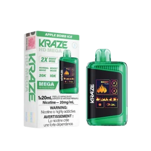 Kraze HD Mega 20K disposable vape featuring a large LED display, dual mesh coils, and 24W boost mode; available for Calgary delivery.