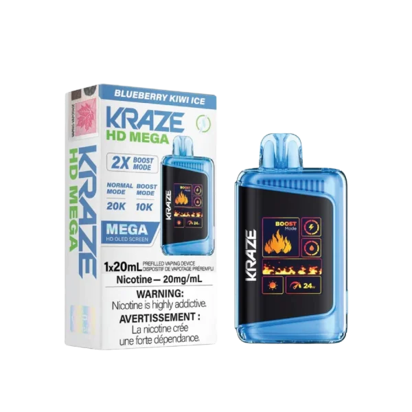 Kraze HD Mega 20K disposable vape featuring a large LED display, dual mesh coils, and 24W boost mode; available for Calgary delivery.