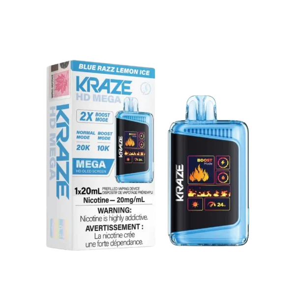Kraze HD Mega 20K disposable vape featuring a large LED display, dual mesh coils, and 24W boost mode; available for Calgary delivery.