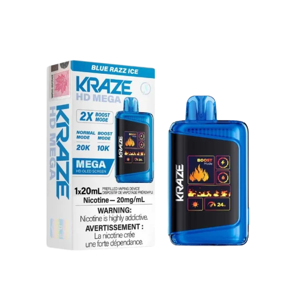 Kraze HD Mega 20K disposable vape featuring a large LED display, dual mesh coils, and 24W boost mode; available for Calgary delivery.