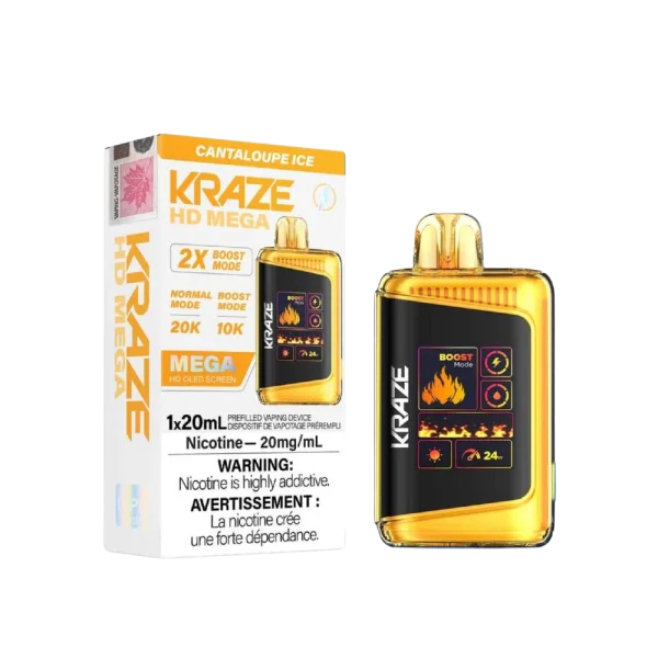 Kraze HD Mega 20K disposable vape featuring a large LED display, dual mesh coils, and 24W boost mode; available for Calgary delivery.
