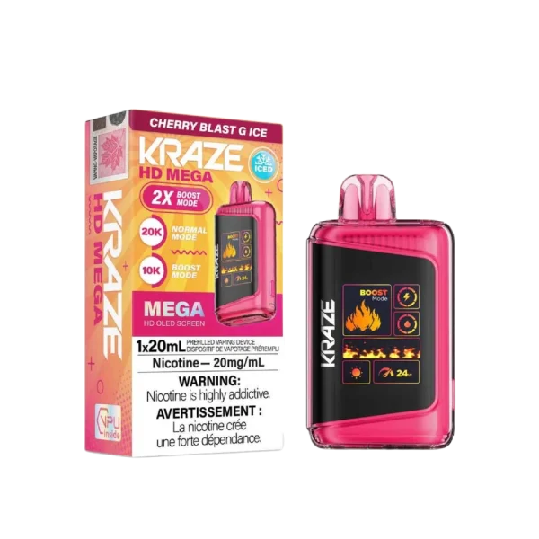 Kraze HD Mega 20K disposable vape featuring a large LED display, dual mesh coils, and 24W boost mode; available for Calgary delivery.