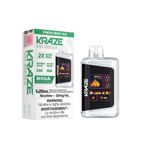 Kraze HD Mega 20K disposable vape featuring a large LED display, dual mesh coils, and 24W boost mode; available for Calgary delivery.