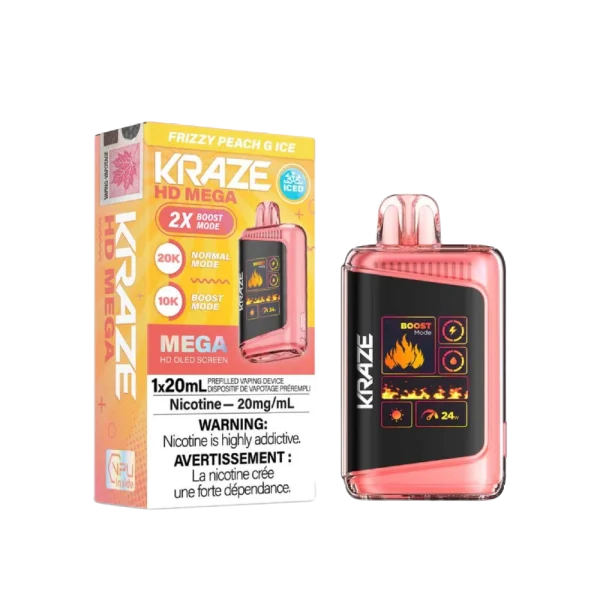 Kraze HD Mega 20K disposable vape featuring a large LED display, dual mesh coils, and 24W boost mode; available for Calgary delivery.