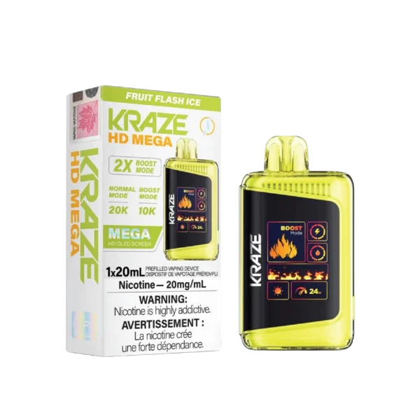 Kraze HD Mega 20K disposable vape featuring a large LED display, dual mesh coils, and 24W boost mode; available for Calgary delivery.