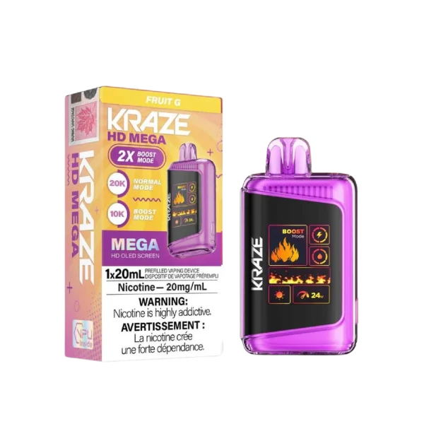 Kraze HD Mega 20K disposable vape featuring a large LED display, dual mesh coils, and 24W boost mode; available for Calgary delivery.