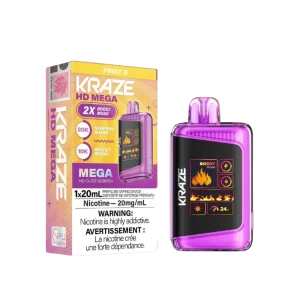 Kraze HD Mega 20K disposable vape featuring a large LED display, dual mesh coils, and 24W boost mode; available for Calgary delivery.