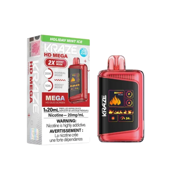 Kraze HD Mega 20K disposable vape featuring a large LED display, dual mesh coils, and 24W boost mode; available for Calgary delivery.