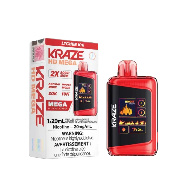 Kraze HD Mega 20K disposable vape featuring a large LED display, dual mesh coils, and 24W boost mode; available for Calgary delivery.