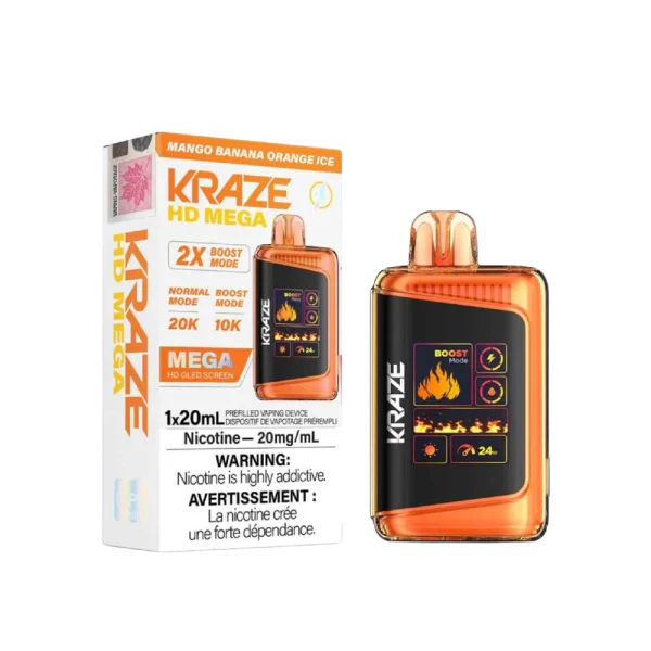 Kraze HD Mega 20K disposable vape featuring a large LED display, dual mesh coils, and 24W boost mode; available for Calgary delivery.