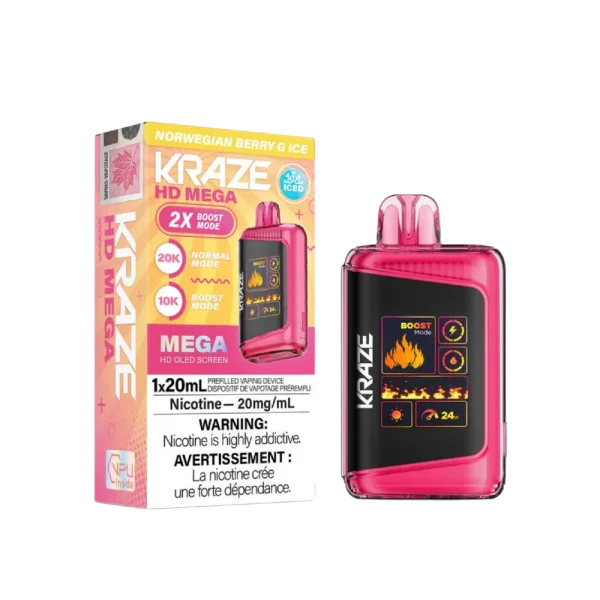 Kraze HD Mega 20K disposable vape featuring a large LED display, dual mesh coils, and 24W boost mode; available for Calgary delivery.