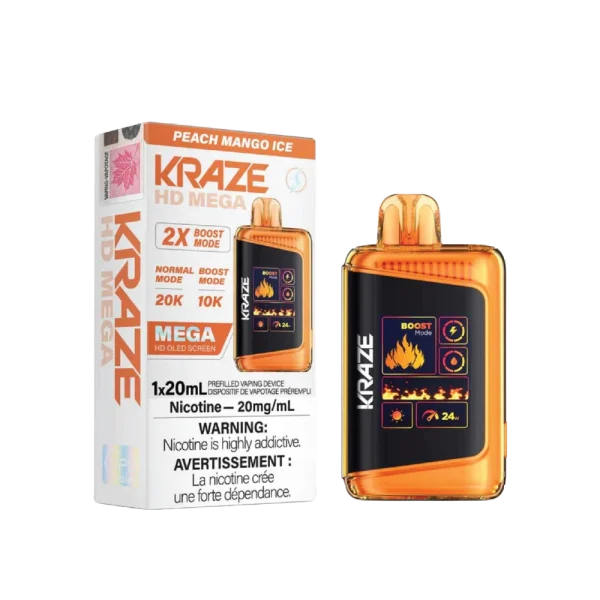 Kraze HD Mega 20K disposable vape featuring a large LED display, dual mesh coils, and 24W boost mode; available for Calgary delivery.