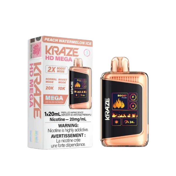 Kraze HD Mega 20K disposable vape featuring a large LED display, dual mesh coils, and 24W boost mode; available for Calgary delivery.