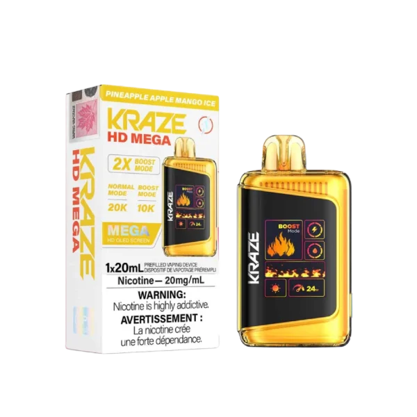 Kraze HD Mega 20K disposable vape featuring a large LED display, dual mesh coils, and 24W boost mode; available for Calgary delivery.