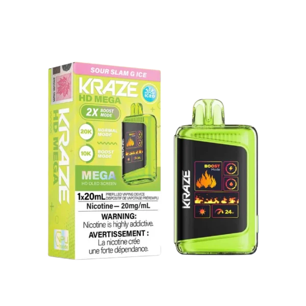 Kraze HD Mega 20K disposable vape featuring a large LED display, dual mesh coils, and 24W boost mode; available for Calgary delivery.