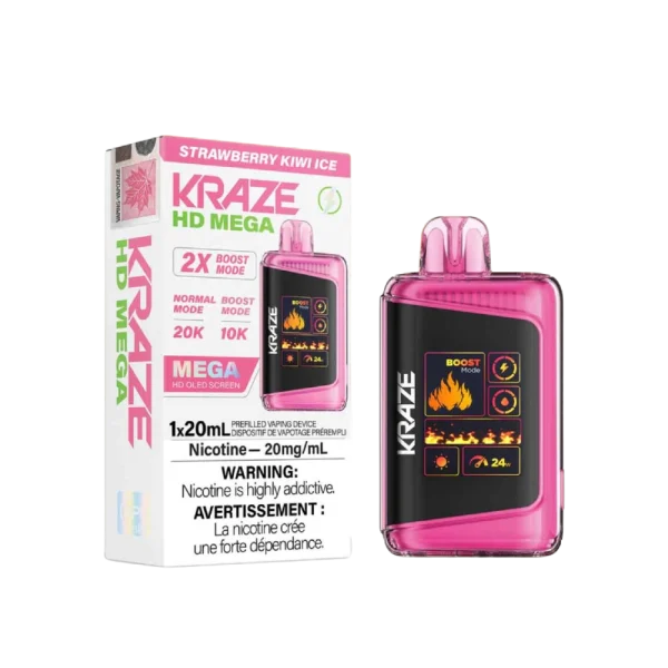 Kraze HD Mega 20K disposable vape featuring a large LED display, dual mesh coils, and 24W boost mode; available for Calgary delivery.