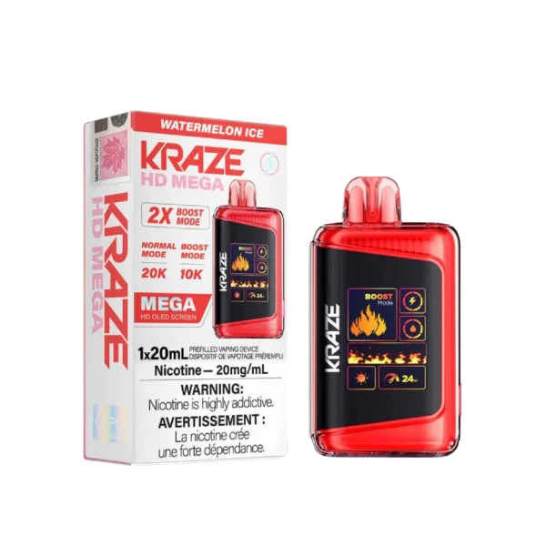 Kraze HD Mega 20K disposable vape featuring a large LED display, dual mesh coils, and 24W boost mode; available for Calgary delivery.