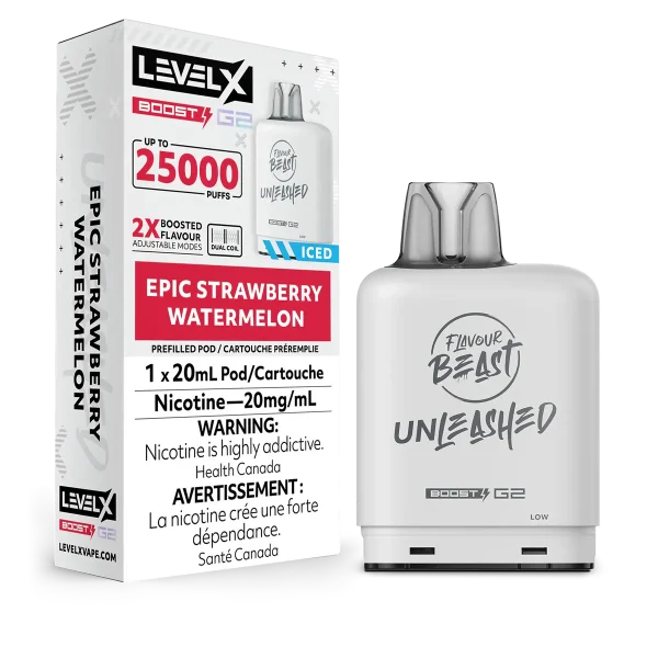 Level X Unleashed Boost G2 25,000 puff pod with 20mL capacity, triple-mode firing, and dual mesh coils; available for Same Day Calgary delivery.