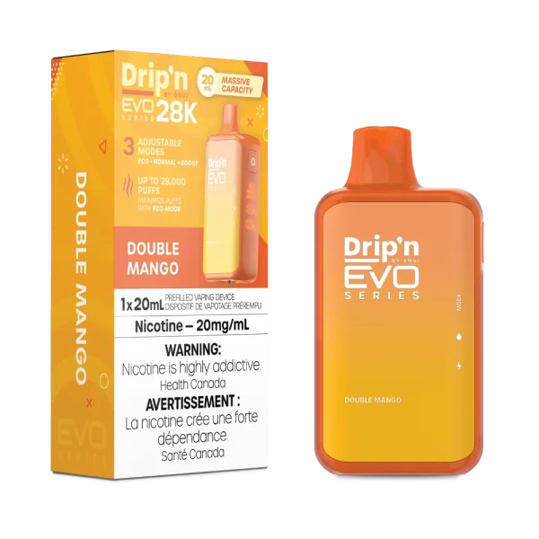 Drip’n 28K disposable vape by ENVI featuring a vibrant LED display for battery and juice levels, 3-mode firing system, and 20mL capacity; available for Calgary delivery.
