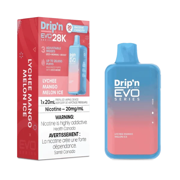 Drip’n 28K disposable vape by ENVI featuring a vibrant LED display for battery and juice levels, 3-mode firing system, and 20mL capacity; available for Calgary delivery.