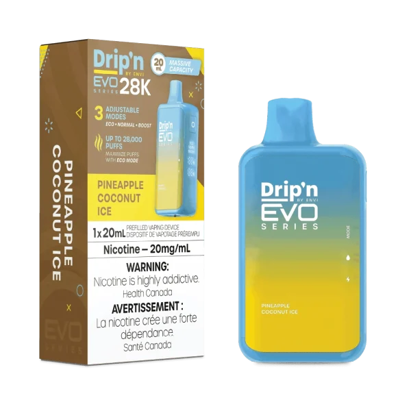 Drip’n 28K disposable vape by ENVI featuring a vibrant LED display for battery and juice levels, 3-mode firing system, and 20mL capacity; available for Calgary delivery.