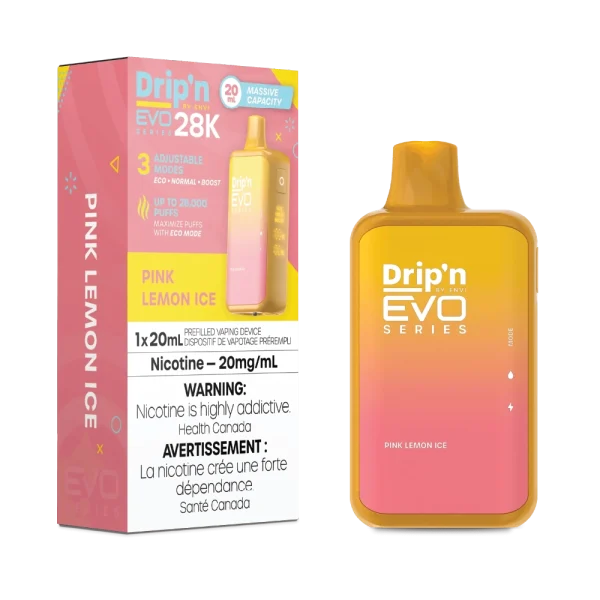 Drip’n 28K disposable vape by ENVI featuring a vibrant LED display for battery and juice levels, 3-mode firing system, and 20mL capacity; available for Calgary delivery.