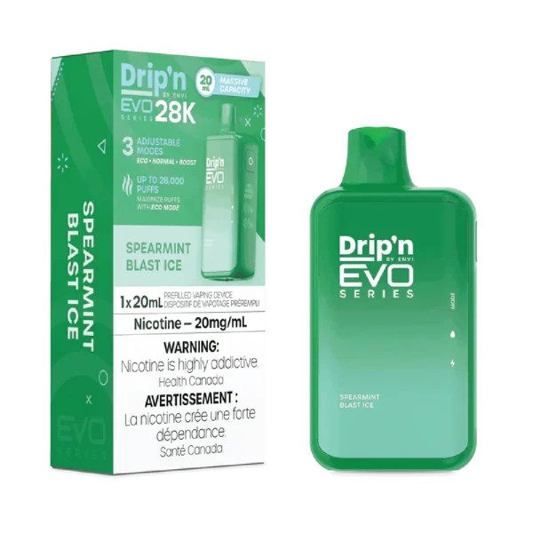 Drip’n 28K disposable vape by ENVI featuring a vibrant LED display for battery and juice levels, 3-mode firing system, and 20mL capacity; available for Calgary delivery.