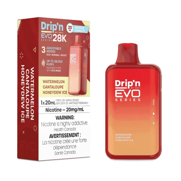 Drip’n 28K disposable vape by ENVI featuring a vibrant LED display for battery and juice levels, 3-mode firing system, and 20mL capacity; available for Calgary delivery.