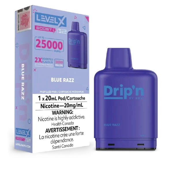 Level X Drip’n Boost G2 25,000 puff pod with 20mL capacity, triple-mode firing, and dual mesh coils; available for Calgary delivery.