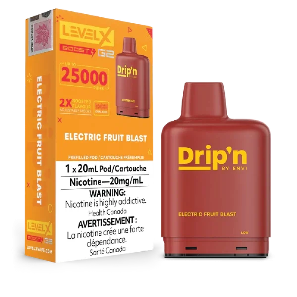 Level X Drip’n Boost G2 25,000 puff pod with 20mL capacity, triple-mode firing, and dual mesh coils; available for Calgary delivery.