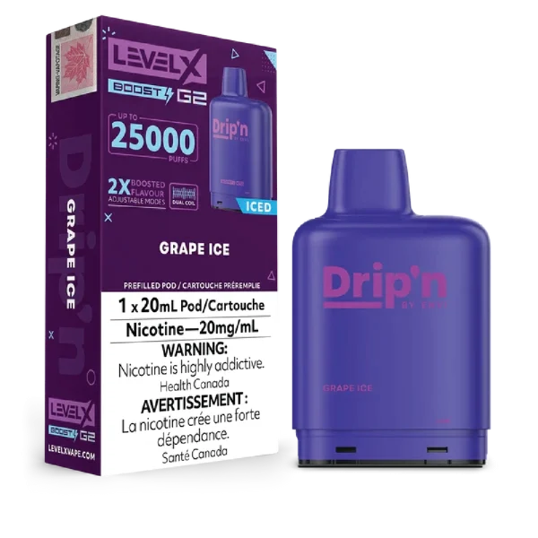 Level X Drip’n Boost G2 25,000 puff pod with 20mL capacity, triple-mode firing, and dual mesh coils; available for Calgary delivery.