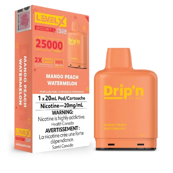 Level X Drip’n Boost G2 25,000 puff pod with 20mL capacity, triple-mode firing, and dual mesh coils; available for Calgary delivery.
