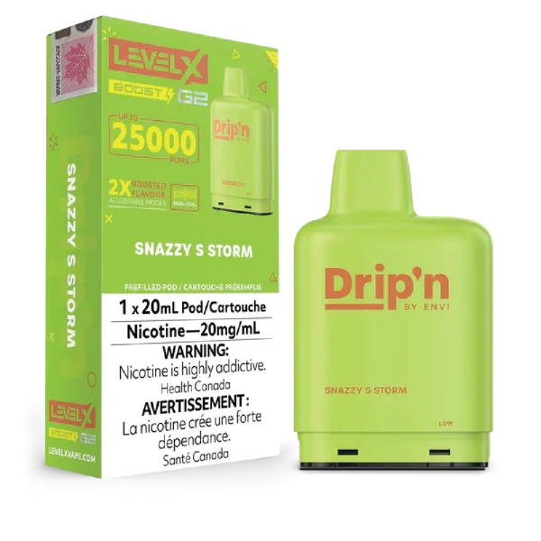 Level X Drip’n Boost G2 25,000 puff pod with 20mL capacity, triple-mode firing, and dual mesh coils; available for Calgary delivery.