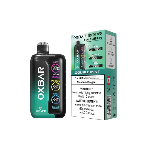 Oxbar Tri-Fusion disposable vape featuring a large front-facing digital screen and three control buttons for nicotine, sweetness, and ice adjustment; available in Calgary