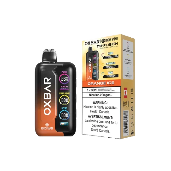 Oxbar Tri-Fusion disposable vape featuring a large front-facing digital screen and three control buttons for nicotine, sweetness, and ice adjustment; available in Calgary.