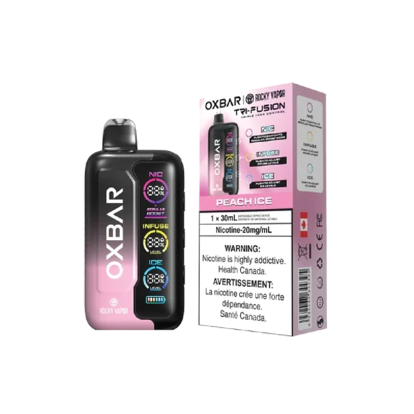 Oxbar Tri-Fusion disposable vape featuring a large front-facing digital screen and three control buttons for nicotine, sweetness, and ice adjustment; available in Calgary.
