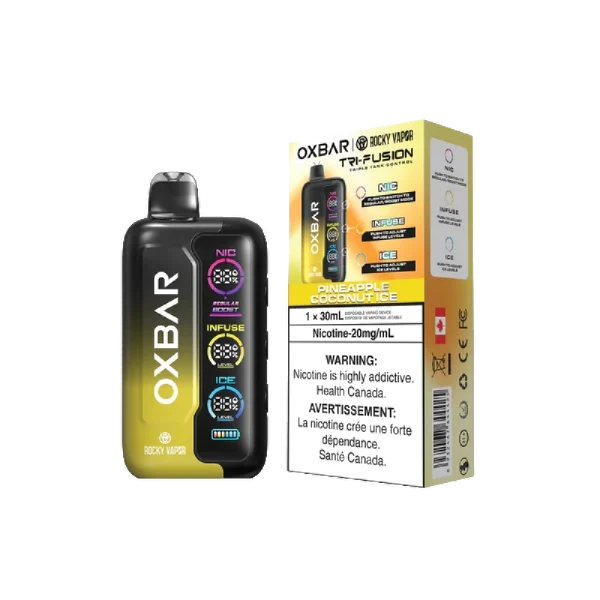 Oxbar Tri-Fusion disposable vape featuring a large front-facing digital screen and three control buttons for nicotine, sweetness, and ice adjustment; available in Calgary.